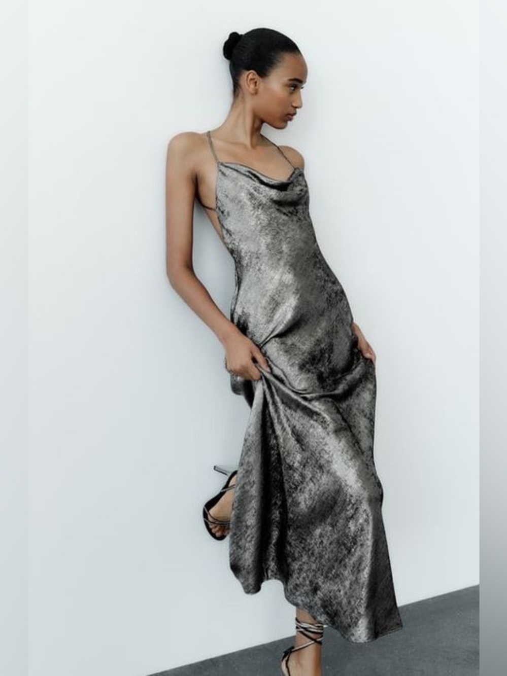 Zara Metallic Charcoal Slip Maxi Dress with Cowl Neck (small)
